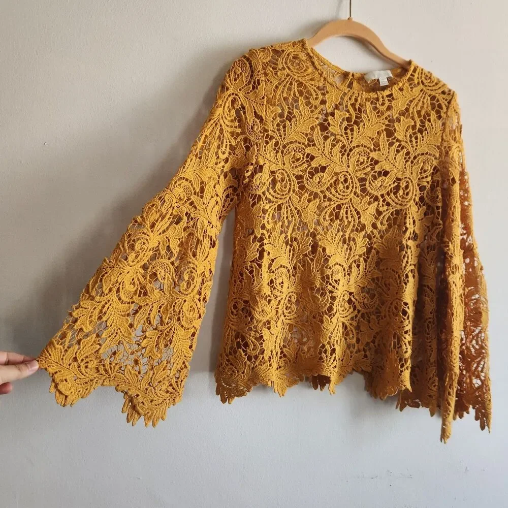 eri + ali  Marigold embroidered lace blouse bell sleeves XXSP romantic festival